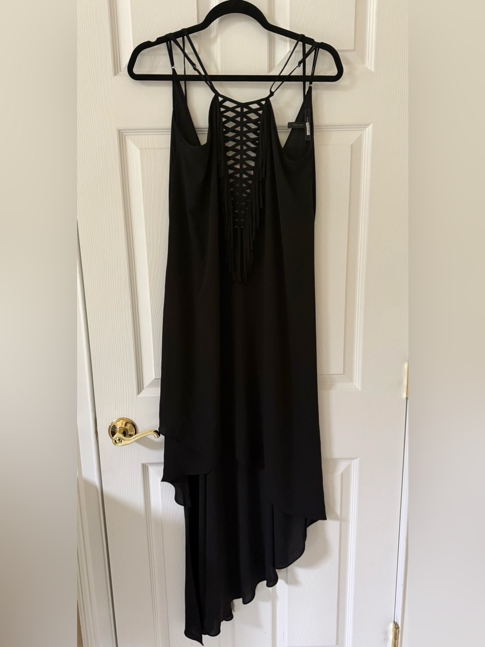 BCBG Black Asymmetric Slip Dress with Fringed Lattice Back size Small